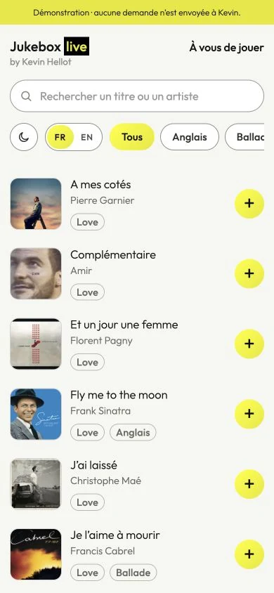 Interface Jukebox Live : recherche par titre ou artiste, filtres et choix de chansons