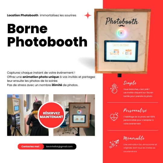 Borne photobooth en presentation avec exemples d'utilisation